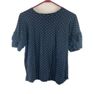 14 & Union Size L Womens Top Short Ruffle Sleeve Black Polka Dot Scoop Neck